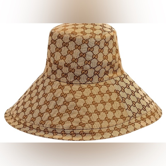 Gucci GG Monogram Bucket Hat Wide Large Brim Beige Canvas Sun Coverage Jacquard - Picture 11 of 16